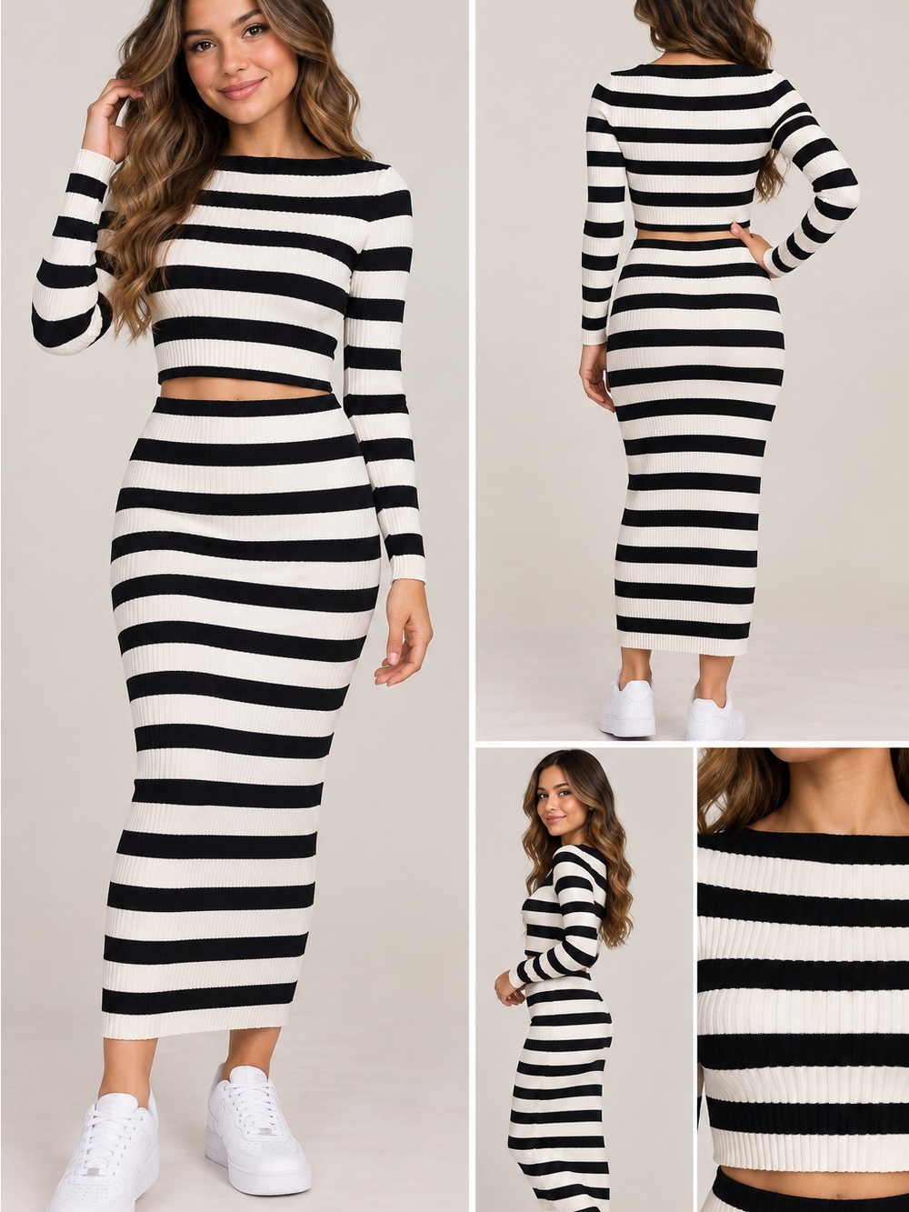 Black & Cream Striped Ribbed Knit 2-Piece Skirt Set